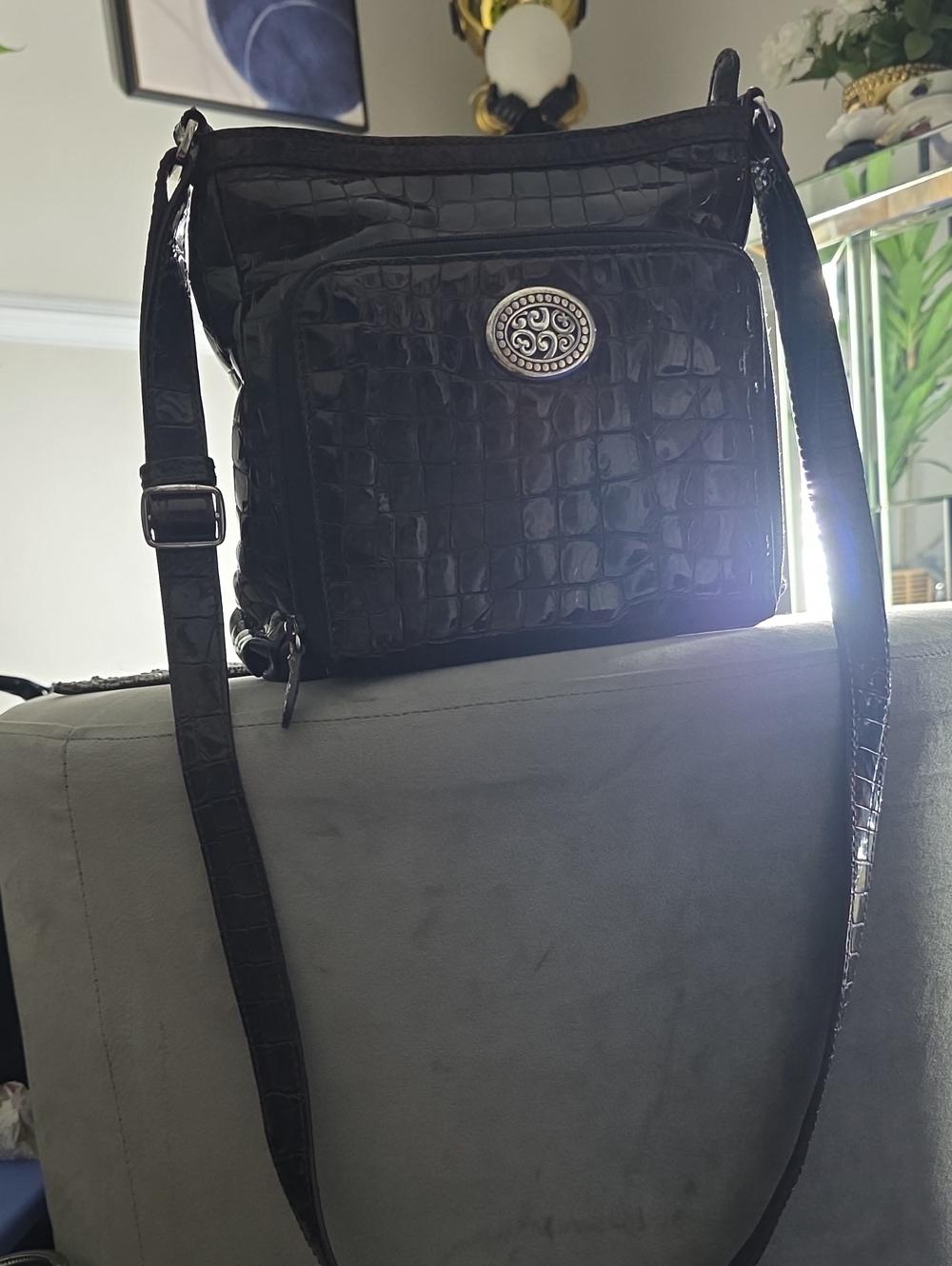 Brighton Black Croc-Embossed Messenger Bag with Silver Medallion
